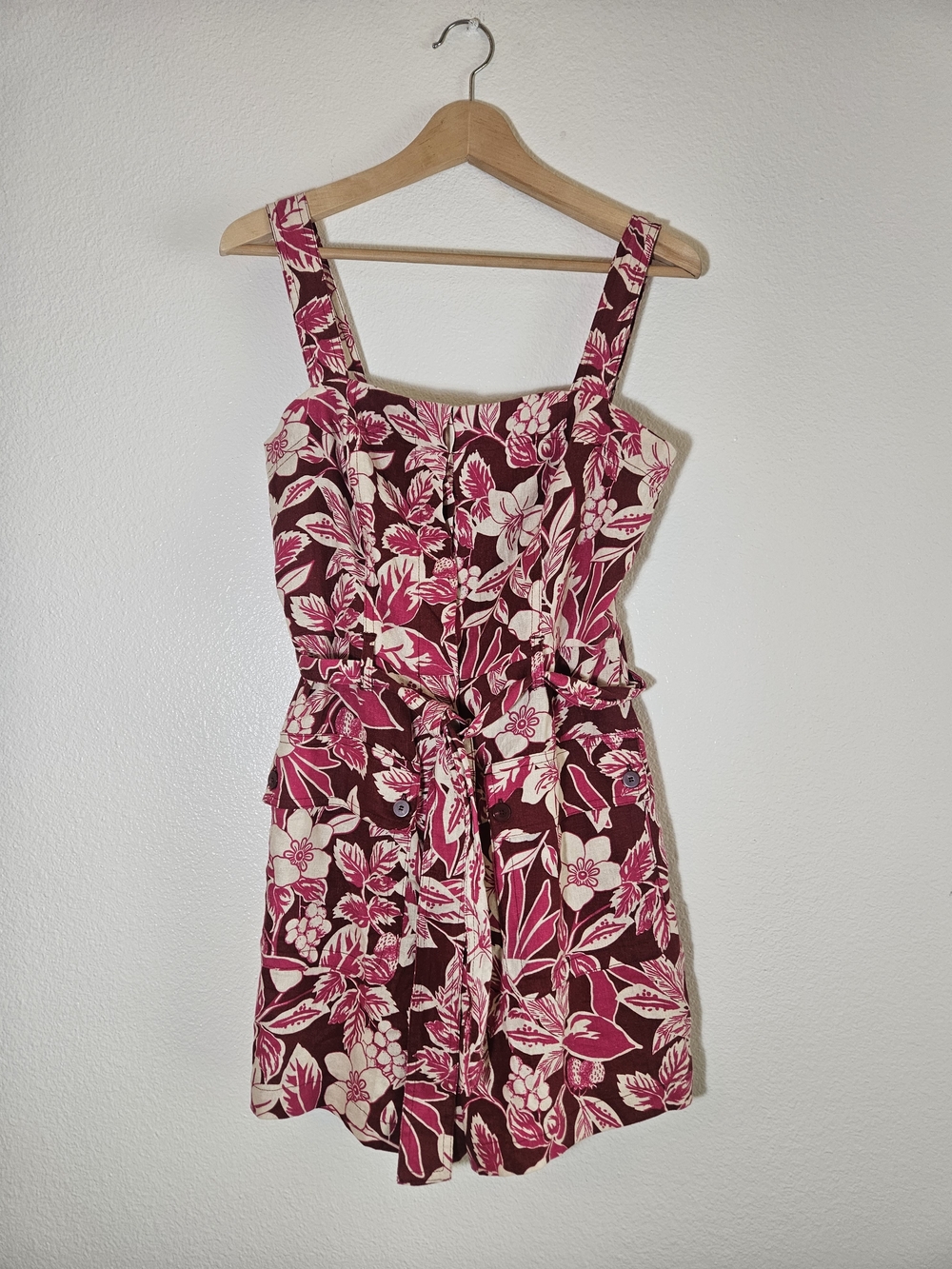 Floral Linen Blend Tie-Waist Romper in Burgundy and Pink Adjustable Strap